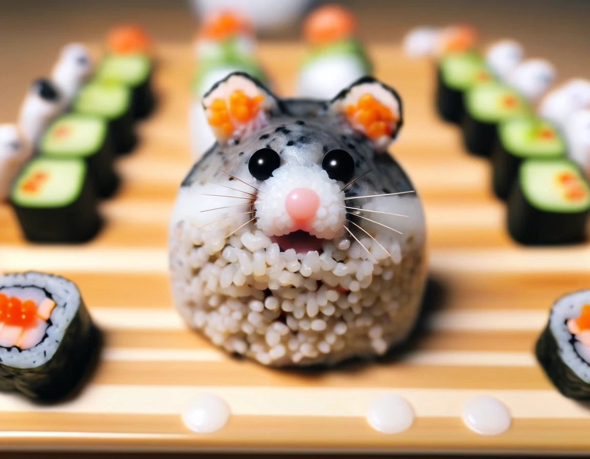 Hamster head shaped sushi roll, Sushi Platter Negative Prompt: Multiple people, Deformed, People in the background々, hand, unrealistic, Poor quality, granular, noisy, plastic, Blurred, Low Contrast Steps: 30, sampler: Daily++ SDE Crow, CFG scale: 5.0, seed: 1103268114, size: 1152x6, model: Paradox sdxl10_Paradox sdxl10