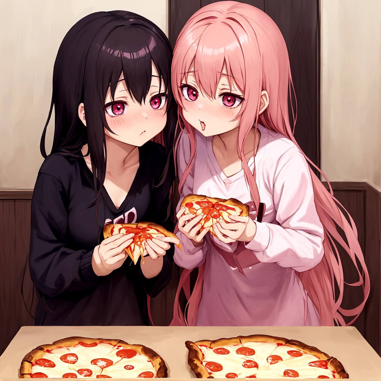 anime girl eating pizza with another girl in the background, ecchi anime style, sharing a pizza, yuruyuri, zerochan, gapmoe yandere, in anime style, red - cheeks!!, shoujo manga, close up iwakura lain, by Jin Homura, kissing together cutely, yandere, ecchi style, kinmoza!