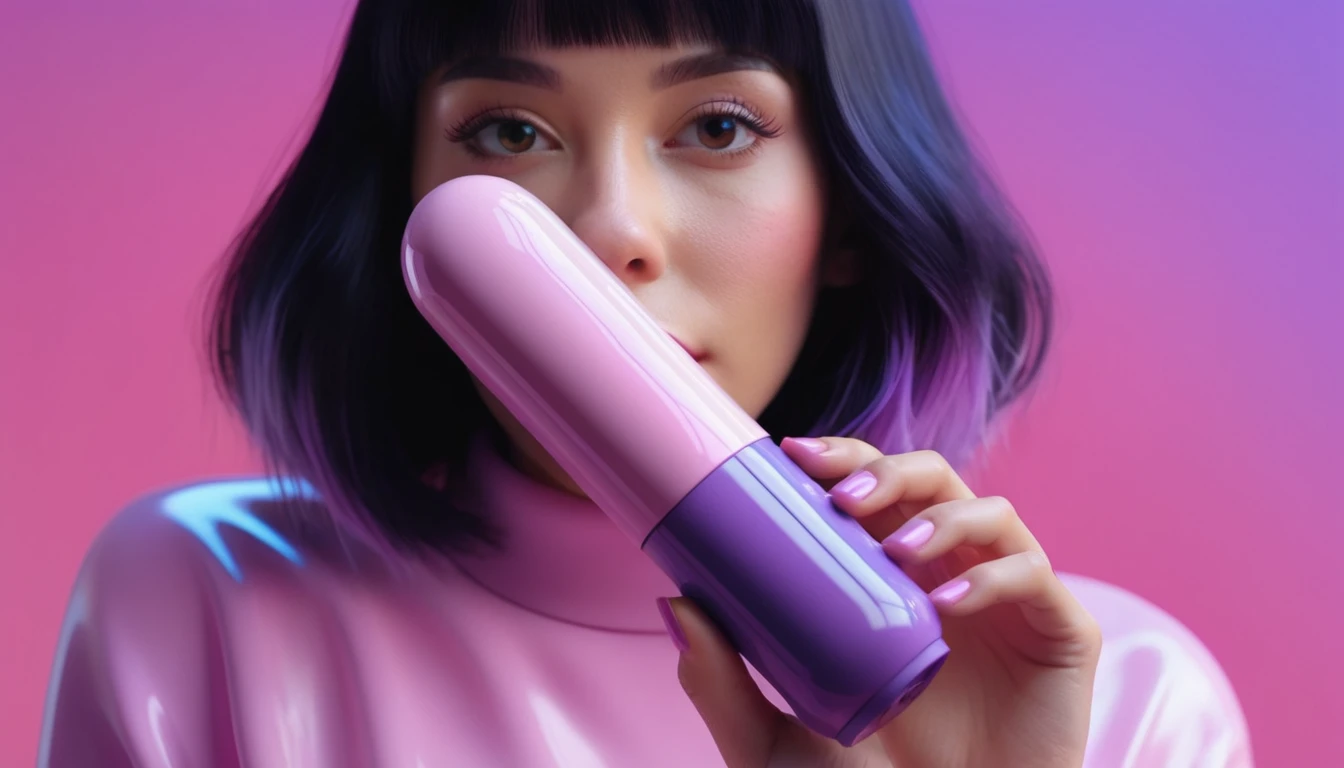 smartphone in her hand, blackhair female hands holding dildo to her face, that is glowing with pink and purple colours, dripping wet, closeup macro photo, minimalistic, in a light purple and pink style, with soft edges and blurred details, in the toycore style, with a 3D render, on a colorful background, with a minimalist stage design, in a surreal style, with a cinema4D rendering, with a minimalist style, with low saturation, using gradient colors, with a cinema4D rendering, with a blender rendering, with super detail, at a super high resolution, at a super high definition