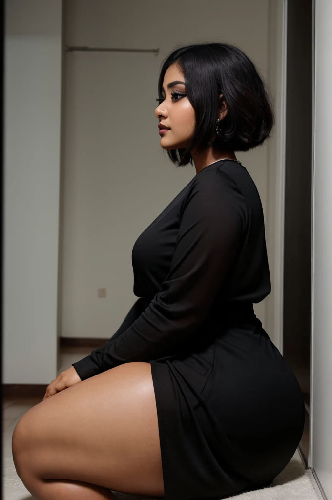An Indian young chubby girl side profile selfie with short hair in a dark room wearing a black dress upto knee with asian baddie makeup on
