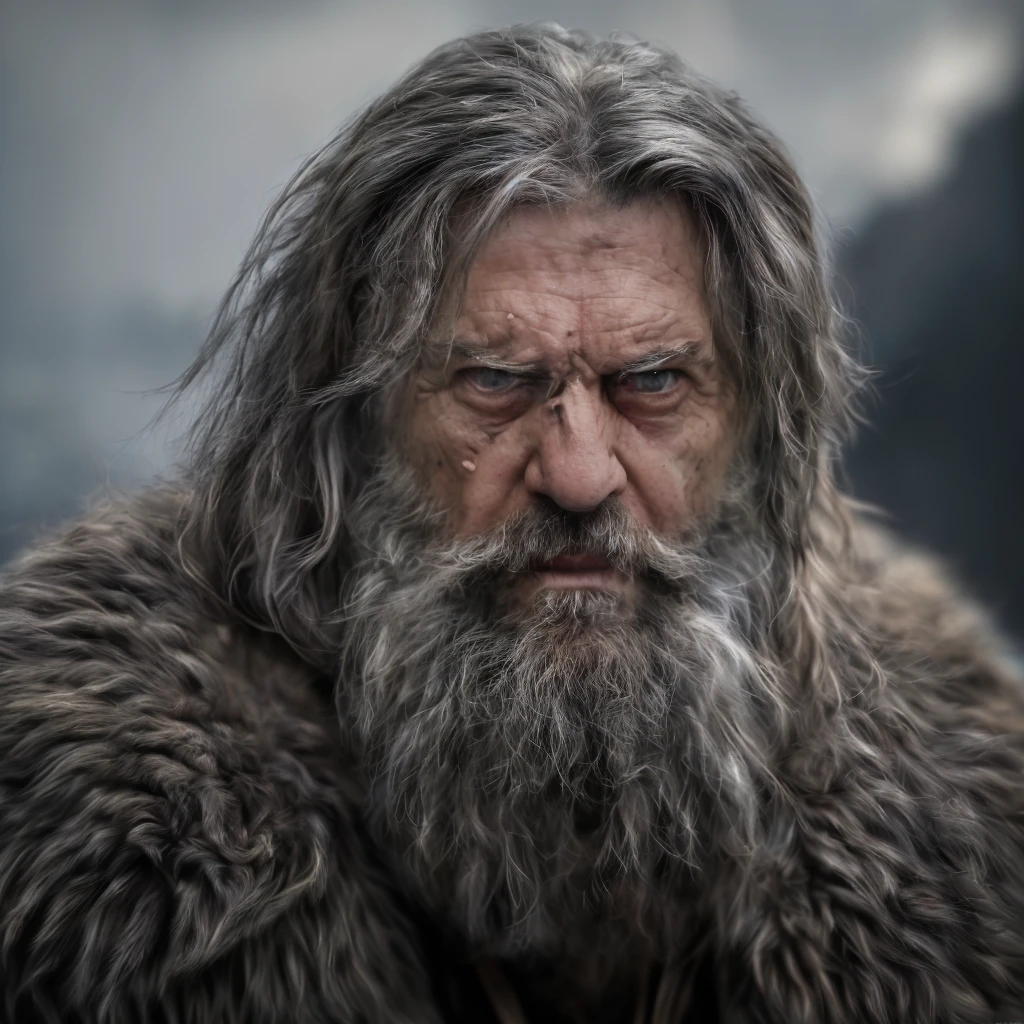 (masterpiece)+, (extremely (realistic)+,a portrait of an extremely ugly male mature barbarian, Angry stare. Looking in camera. volumetrics dtx, Photorealistic, ultra detailed, Artstation trending, very very detailed, realistic shaded lighting, dynamic shadows, detailed Mountains background, upper body, professional photograph of a detailed skin, sharp focus, dramatic, award winning, cinematic lighting, octane render, unreal engine, volumetrics dtx, Photorealistic, ultra detailed, Artstation trending, very very detailed, hyperrealistic, fine details, realistic shaded lighting, dynamic shadows, Mountains background, add_detail:1, skin pores and wrinkles, details.,More Reasonable Details