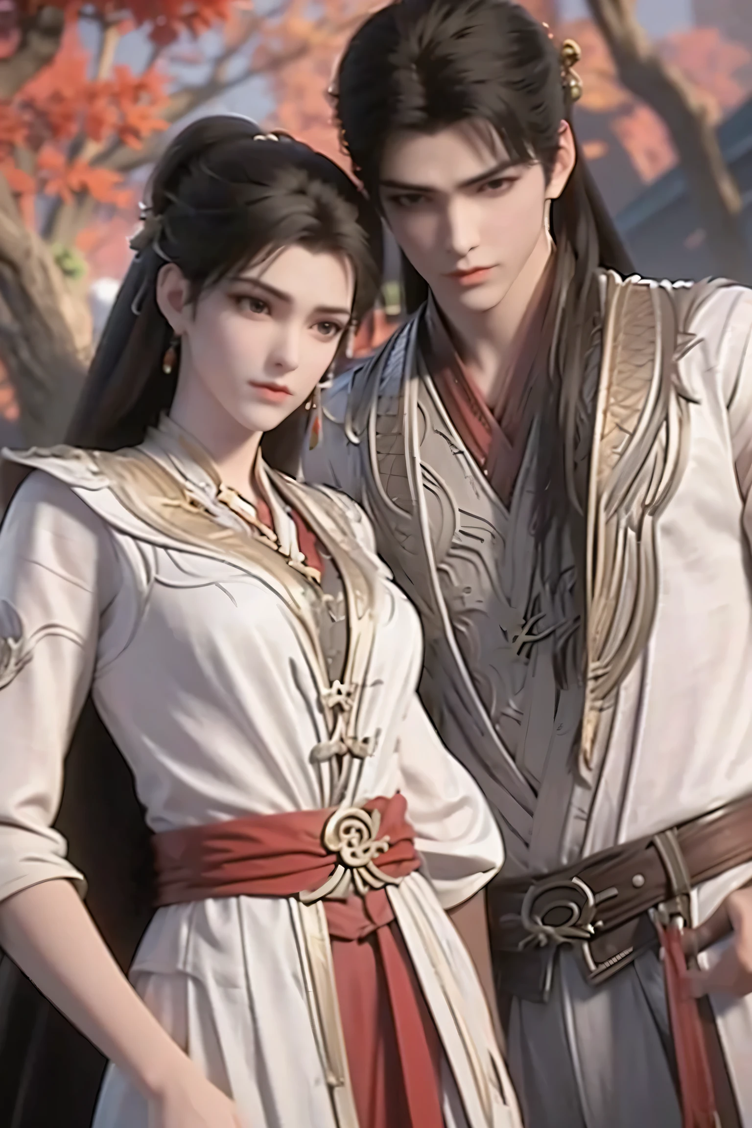 A handsome guy and a beautiful girl are leaning against each other，quiet and peaceful，faint smile，Chinese style clothing and accessories，black hair，perfect face，Chinese architecture