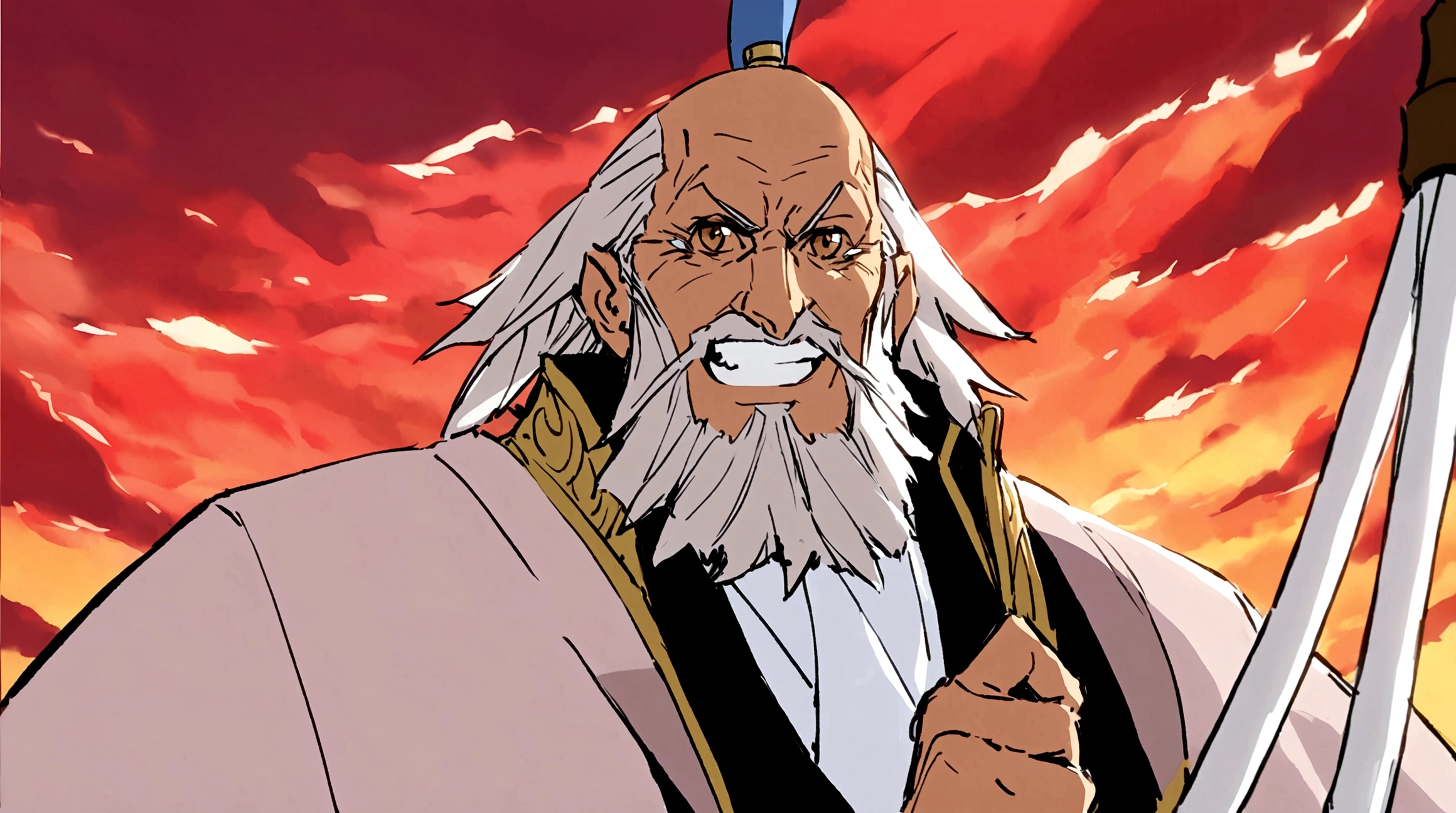 solo,1male,Whisk,Male focus,Grin,Facial hair,imitate,POLEARM,beard,Baldness,elder