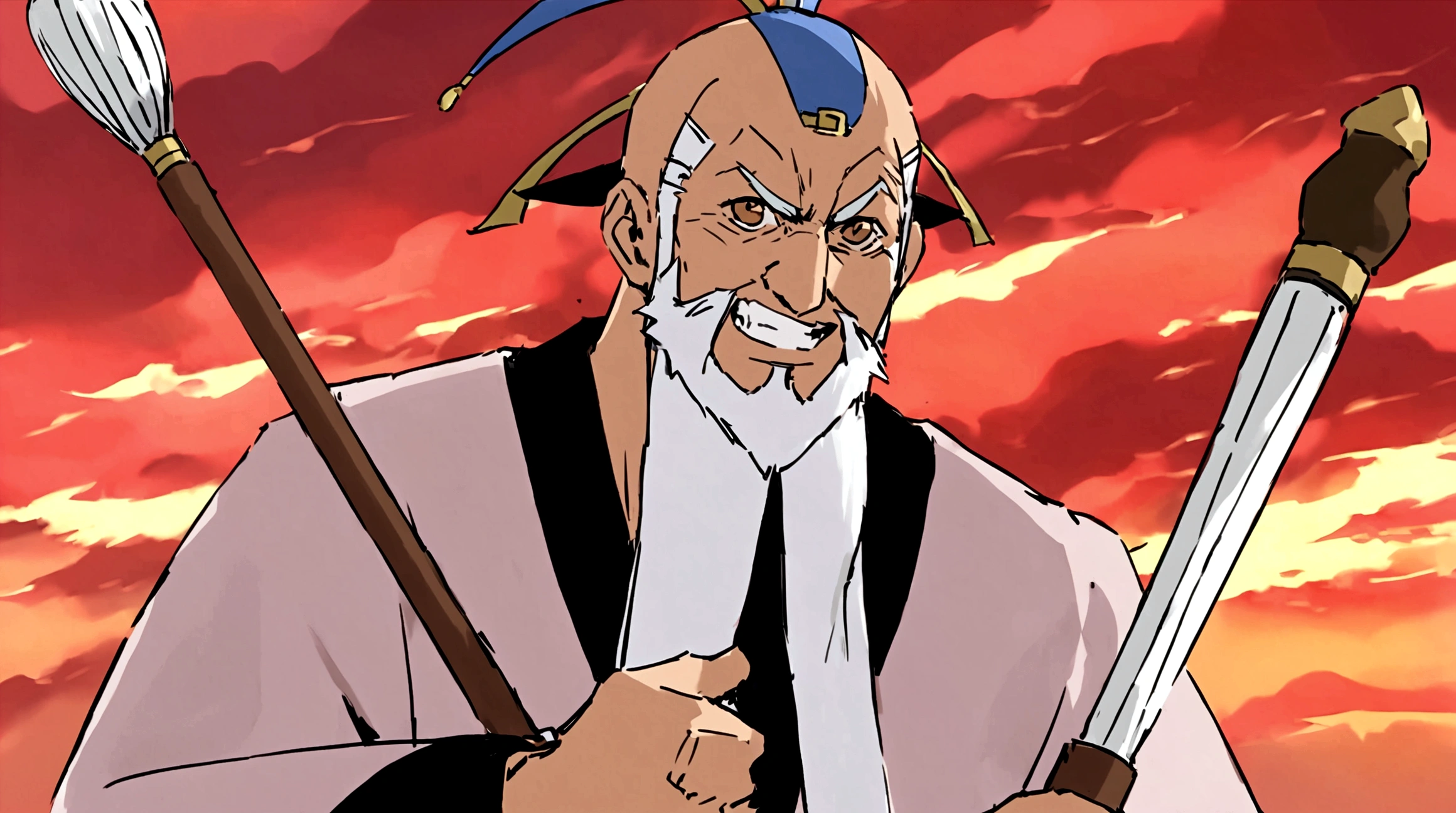 solo，1male，Whisk，Male focus，Grin，Facial hair，imitate，POLEARM，beard，Baldness，elder