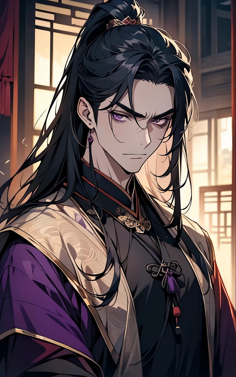 1 middle-aged man, (45 years old), long black hair, violet eyes, chinese clothes, (!PURPLE! clothes), available at purple chinese room, portrait, angry