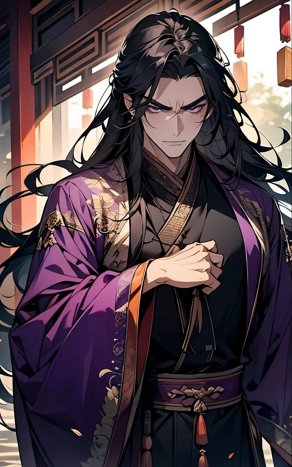 1 middle-aged man, (45 years old), long black hair, violet eyes, chinese clothes, (!PURPLE! clothes), available at purple chinese room, portrait, angry