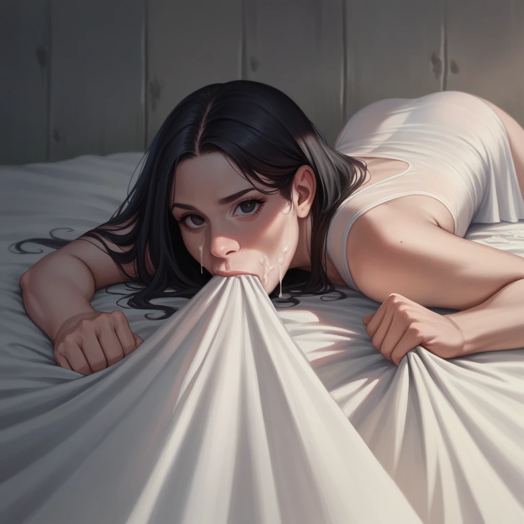 Oral rape of the beautiful girl with realistic black eyes, pale skin, mid-length black hair, cum on perfect face, perfect eyes, wearing sheet sundress, highly detailed, comprehensive cinematic, digital painting, 8k, cinematic lighting, best quality, highres, detailed work, post-processing, perfect result, hyper realistic