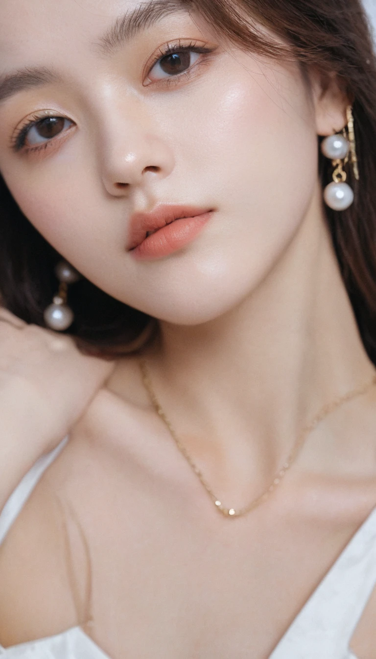 xxmixgirl, Analog Style, Eye focus, Highest quality, (Very detailed skin), Exquisitely beautiful white skin photos, 21 years old, Perfect Face, Captivating eyes, (Seductive makeup: 1.3), Skin pores, (Bokeh:1.5), Sharp focus, Dappled Lighting, (Backlight), Film Grain, (Very detailed, Exquisitely crafted), 8K, High resolution, Front view, Studio Light, Very detailed顔, Fine grain, (double eyelid: 1.4), Aristogle, Brown eyes, (commercial: 1.6), (Seductive makeup), ((White studio background: 2))