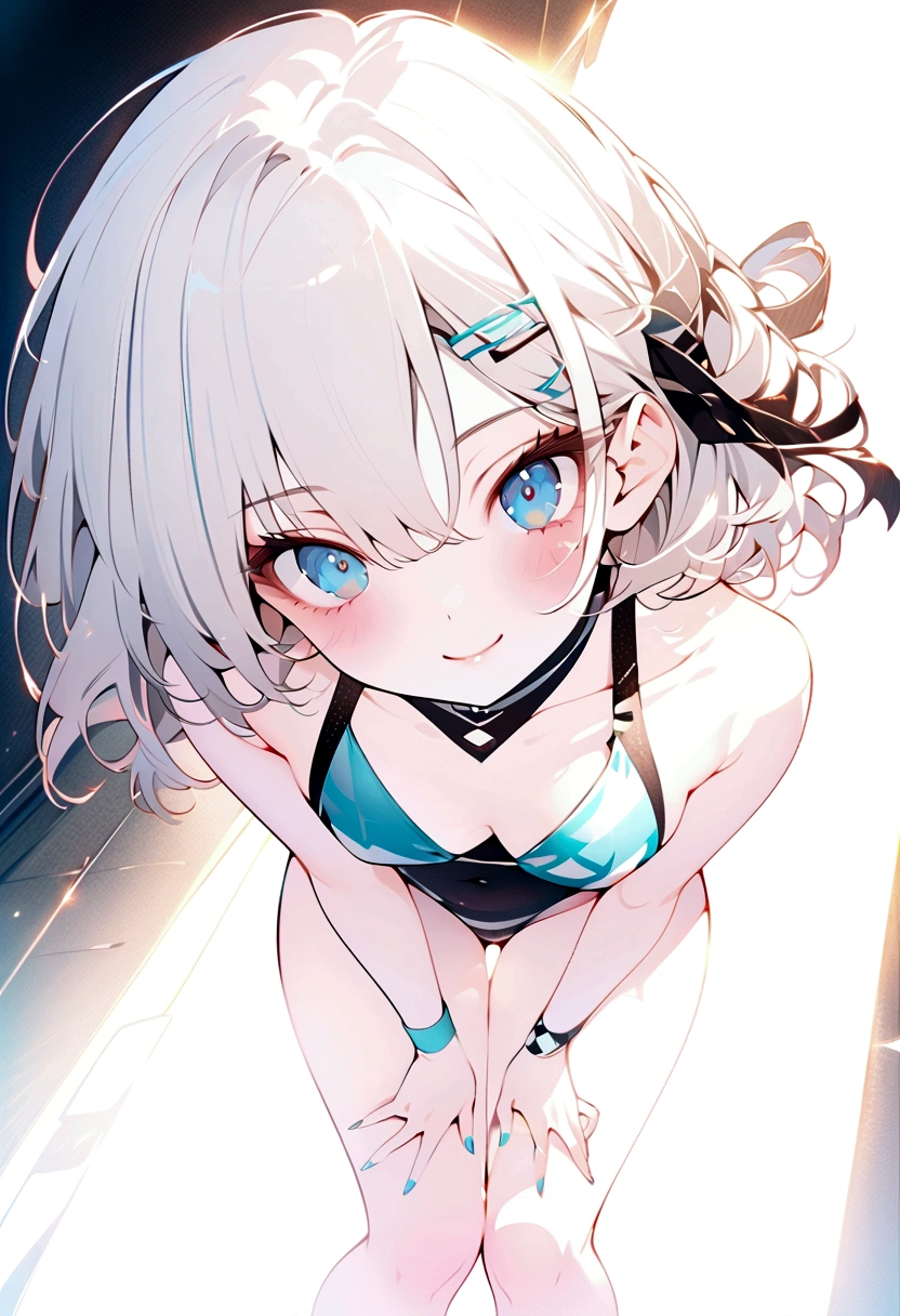 beautiful, masterpiece, Highest quality, anime, One girl, C Cup,Portrait Shot, View your viewers, Intricate details,>,((Covered、Short Hair、nearby、Blue Eyes、art、、White hair,Blue streaked hair、wallpaper、、hairpin、smile、Thighs、Race Queen、foot、