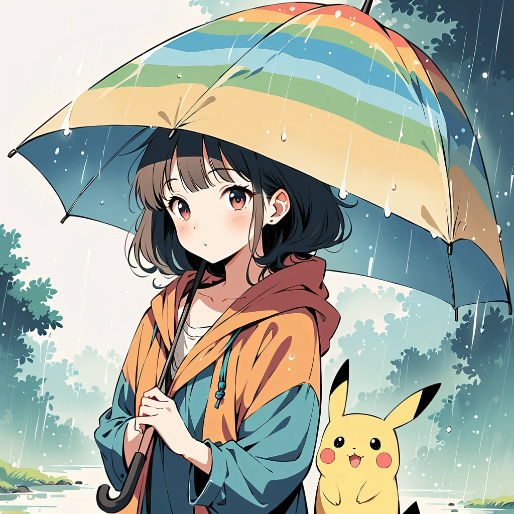 ((anime:1.4,illustration)),(masterpiece, top quality, best quality),(ultra-detailed, absolutely resolution),((16k, high res)), (((Pikachu holding an umbrella in the rain, a rainbow is out, the sky is half sunny and half rainy)) ((cozy lofi illustration:1.4)), ((anime:1.4, illustration)),(masterpiece, top quality, best quality),(ultra-detailed, absolutely resolution),((16k, high res))