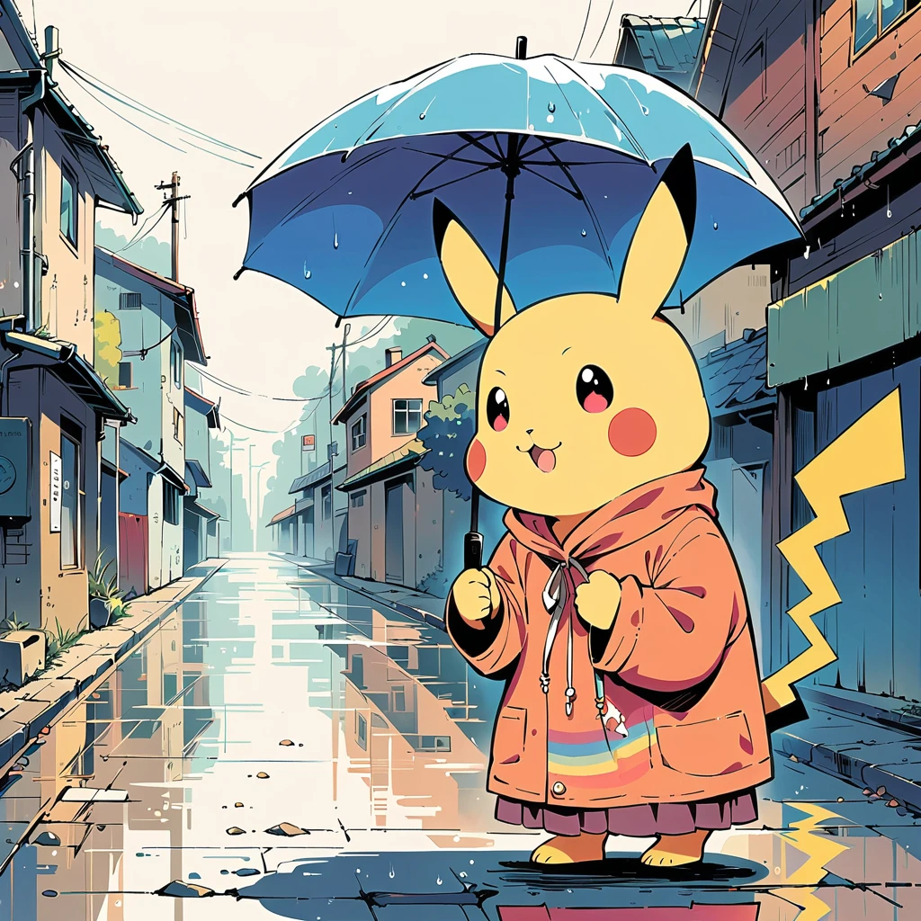 ((anime:1.4,illustration)),(masterpiece, top quality, best quality),(ultra-detailed, absolutely resolution),((16k, high res)), (((Pikachu holding an umbrella in the rain, a rainbow is out, the sky is half sunny and half rainy)) ((cozy lofi illustration:1.4)), ((anime:1.4, illustration)),(masterpiece, top quality, best quality),(ultra-detailed, absolutely resolution),((16k, high res))