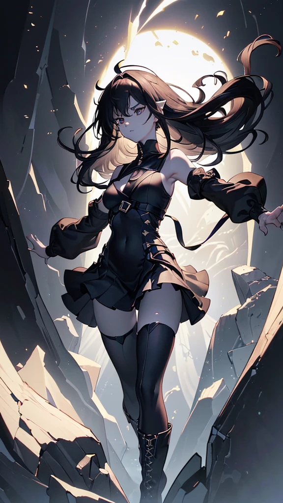  Horror movie atmosphere. Her figure is very beautiful, Emphasizing the dark and crazy elements. Skillfully expressing the effects of light and shadow, detailed, The face and expression of the black costume are also carefully drawn.
