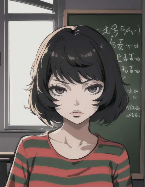 (masterpiece, best quality:1.2), sadayokawakamisweater, 1girl, solo, shirt, striped, striped shirt, indoors, classroom, chalkboard, window, looking at viewer, portrait, junji_ito style,  crepax