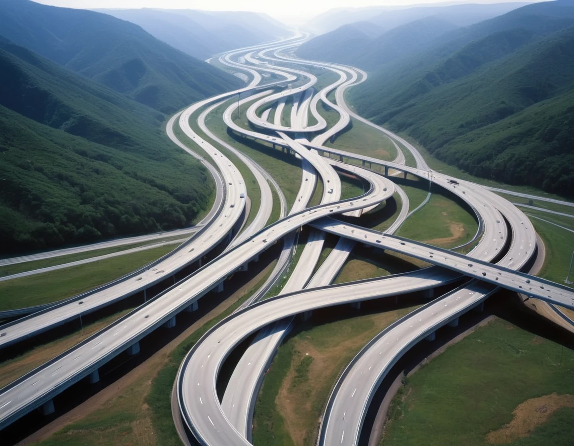 A highway stretches in twists and turns，There&#39;s no car on it，But there is a surveillance camera every certain distance.，The whole picture has a futuristic sense of technology