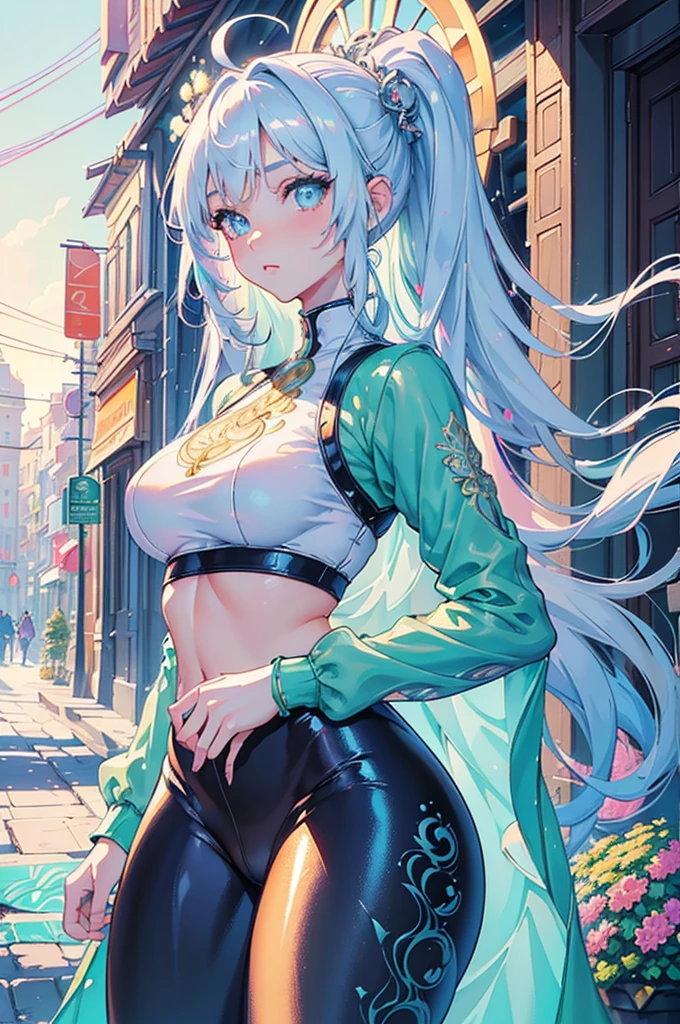 gorgeous girl, wide hips, narrow waist, medium breast, pretty face, glowing perfect skin, wearing letex leggings and white crop top, background of a intricately detailed aesthetic street that goes to a mountain, modern buildings in background, ultra high quality, intricately detailed, super detailed anime illustration, masterpiece, vibrant, complex detail, ghibili studio,