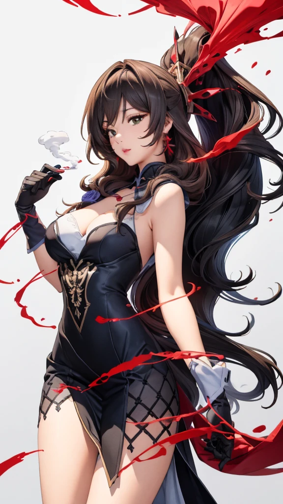 random angle image, brush drawing image, portrait image, beautiful busty Asian female teen, aged 20, soft skin colour, flowing long black hair, red slim fit maid dress, dynamic pose, red smoke lines behind, white background, 8K resolution 