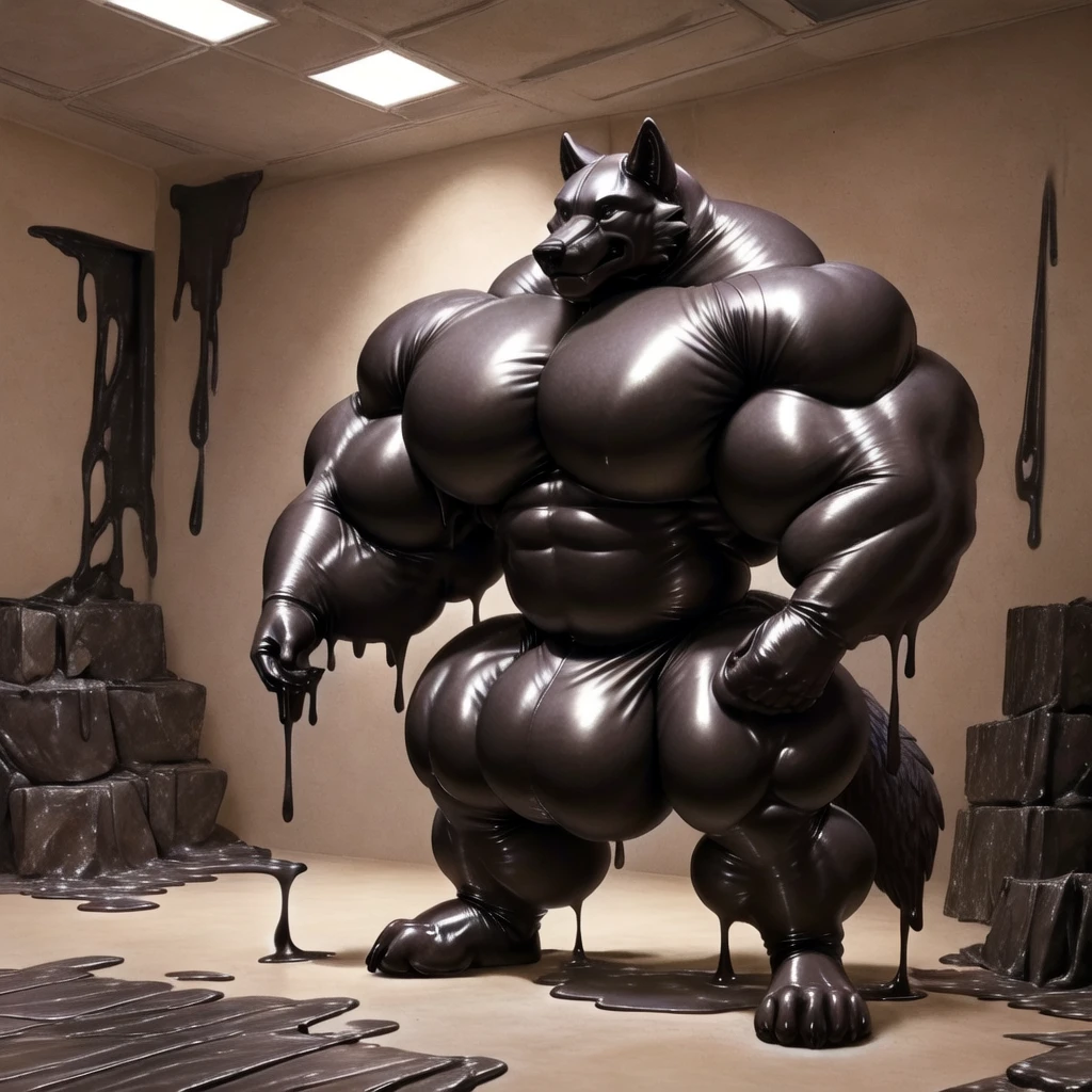 solo, male, , , , (hyper pecs:1.3), (long thick thighs:1.5), standing, indoor,,(,,(,solo,very hyper muscles:1.3)((, Huge bulge:1.8)))()), black glowing liquid,(((liquid_latex, , rubber:1.2),,black latex,goo transformation,(gooey)()(l),unreal engine,perfect light,detailed, photorealistic, 4k, hd, , , , good anatomy, , (), ,, high quality, best quality, concept art, photorealistic,wolf
