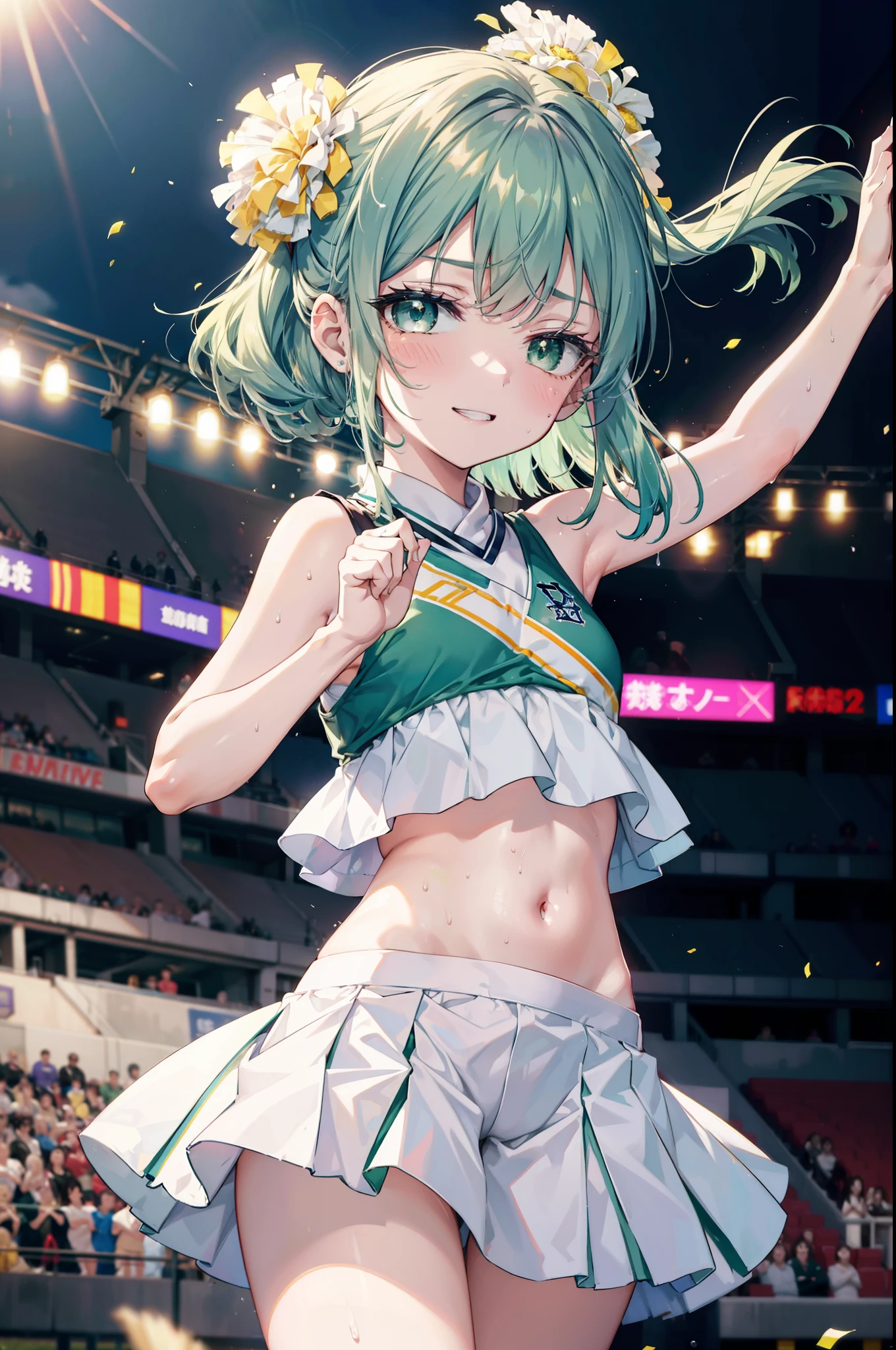 index, index,Silver Hair, (Green Eyes:1.5),Long Hair, (Flat Chest:1.2),Grin,tooth,Daytime,sunny,
,(cheer leading), (whole body), Lower, (Sweaty), Sweaty Wet Clothes, (White clothes),Sleeveless, Pleated skirt,Black socks,sneakers, Belly button support, playground, (Jump), (Jump), 足を曲げてJumpする, air, blue sky, Grass原, smile,Cheerleader, Pom-pom \(cheer leading\)have, Grass, smile, whole bodyがイラストに入るように,
break looking at viewer, whole body,(Cowboy Shot:1. 5) ,
break outdoors, Stadium,crowd, people々々々,A packed audience,
break (masterpiece:1.2), Highest quality, High resolution, unity 8k wallpaper, (shape:0.8), (Beautiful and beautiful eyes:1.6), Highly detailed face, Perfect lighting, Extremely detailed CG, (Perfect hands, Perfect Anatomy),
