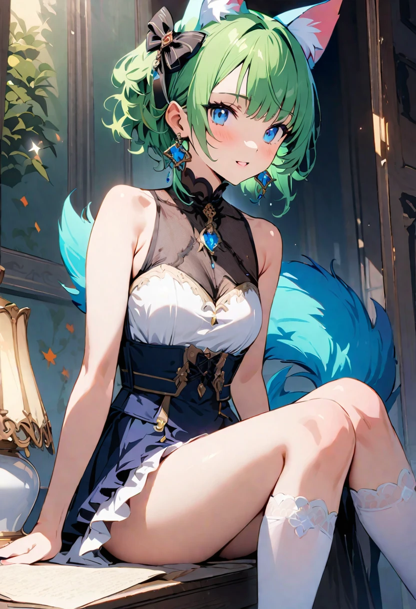 masterpiece, Highest quality, Illustrations for novels, High resolution, 18+ Adult content, Sensual, Intimate, Emotional, Passionate, romantic, sweet, Adorable, Innocent, Pure, Enchanting, Enchantingな, attractive, mysterious, Enchantingな, Enchanting, Immersive, Enchantingな, dream-like, Surreal, Imaginative, Whimsical, Artistic, Avant-garde, timeless, elegant, Sophisticated, chic, Sophisticated, Individuality, original, Enchantingな,One girl,Deltamon_beta, alone, blue eyes, Knee socks, Animal ears, Bare shoulders, Blue Tail, Earrings,Removable sleeves, Green Hair, No sleeve, Cat ear, bag, white Knee socks, Cat's Tail,pink backpack,Pink school bag,Lavender lace: Lavender Peter Pan collar lace dress, Paired with ivory tights and Mary Jane shoes.,Cherry-blossom viewing, azalea, satsuki, azalea blizzard, rest ((Avoidance method ((kitten:1.3)), Evening Dress,evening dress,Evening Dresses:1.3))、Upper Body, alone,Are standing_Split,