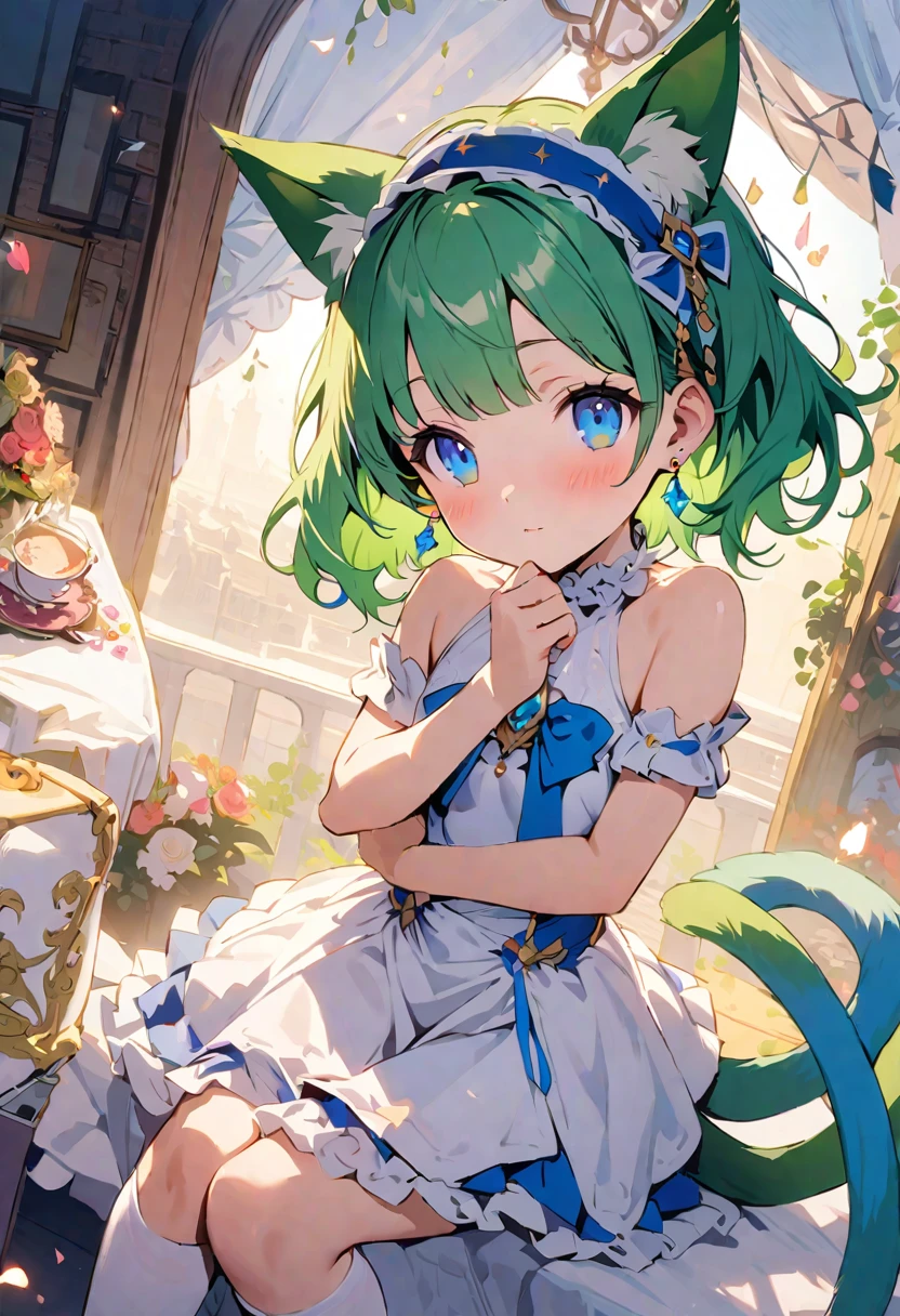 masterpiece, Highest quality, Illustrations for novels, High resolution, ??? Adult content, Sensual, Intimate, Emotional, Passionate, romantic, sweet, Adorable, Innocent, Pure, Enchanting, Enchantingな, attractive, mysterious, Enchantingな, Enchanting, Immersive, Enchantingな, dream-like, Surreal, Imaginative, Whimsical, Artistic, Avant-garde, timeless, elegant, Sophisticated, chic, Sophisticated, Individuality, original, Enchantingな,One girl,Deltamon_beta, alone, blue eyes, Knee socks, Animal ears, Bare shoulders, Blue Tail, Earrings,Removable sleeves, Green Hair, No sleeve, Cat ear, bag, white Knee socks, Cat's Tail,pink backpack,Pink school bag,Lavender lace: Lavender Peter Pan collar lace dress, Paired with ivory tights and Mary Jane shoes.,Cherry-blossom viewing, azalea, satsuki, azalea blizzard, rest ((Avoidance method ((kitten:1.3)), Evening Dress,evening dress,Evening Dresses:1.3))、Upper Body, alone,Are standing_Split,