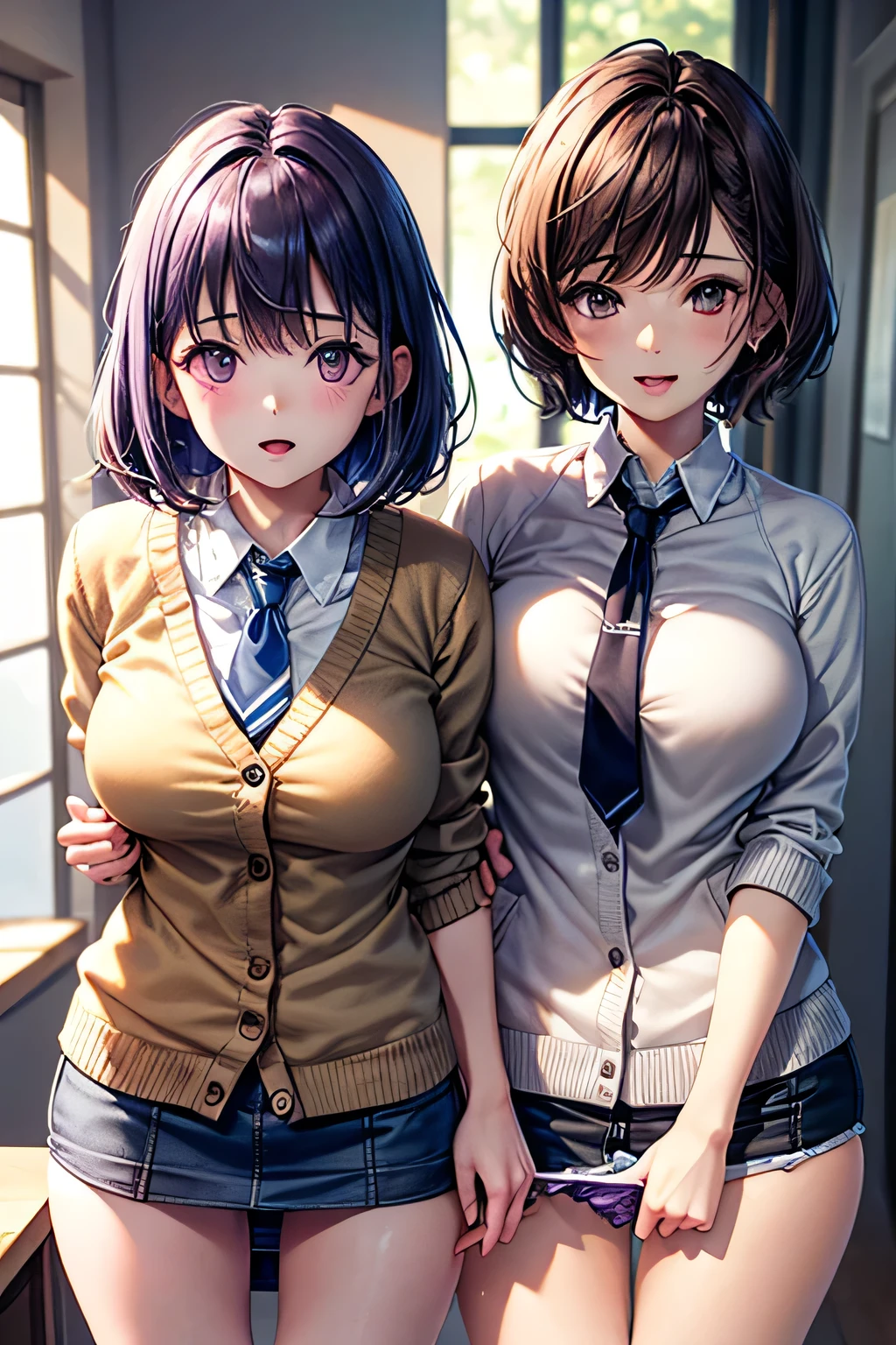 (Very detailed CG Unity 8K wallpaper),(masterpiece), (Highest quality), (Very detailed), (Best illustrations),(Best Shadow), Large Breasts,16 years old,Purple eyes and purple very short hair,,White blouse,Blue tie,Checked mini skirt（Pull down your panties）,beige cardigan,Embarrassing pose