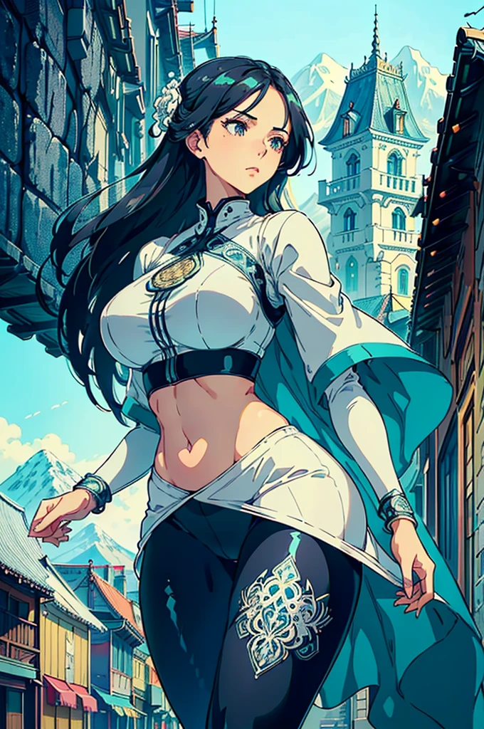 gorgeous girl, wide hips, narrow waist, medium breast, pretty face, glowing perfect skin, wearing letex leggings and white crop top, background of a intricately detailed aesthetic street that goes to a mountain, modern buildings in background, ultra high quality, intricately detailed, super detailed anime illustration, masterpiece, vibrant, complex detail, ghibili studio,