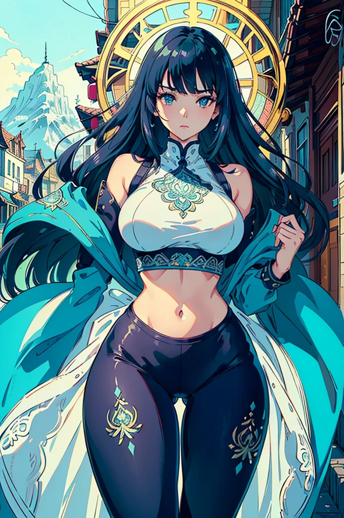 gorgeous girl, wide hips, narrow waist, medium breast, pretty face, glowing perfect skin, wearing letex leggings and white crop top, background of a intricately detailed aesthetic street that goes to a mountain, modern buildings in background, ultra high quality, intricately detailed, super detailed anime illustration, masterpiece, vibrant, complex detail, ghibili studio,