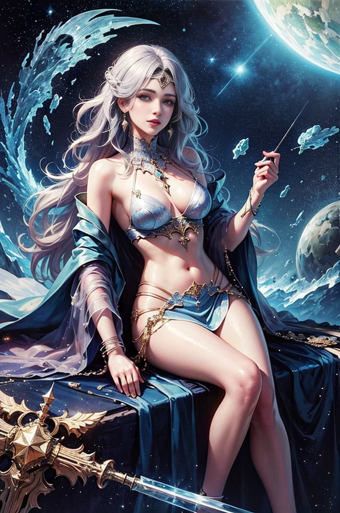 (masterpiece, Highest quality, Highest quality, Official Art, beautifully、aesthetic:1.2), Very detailed, 華やかなgem, (Fractal Art:1.3),Fire Emblem: Genealogy of the Holy War,Deirdre, Delicate face,Purplish silver hair,Wavy Hair, Gradient Hair, body,(Perfect body:1.1), Wearing a circlet,gem, Sparkling Eyes,Long eyelashes, Hyper Photorealism, Cinema Lighting, projected inset, Surrealism, Hyper HD, masterpiece, 16K,Fantasy Space,Magical atmosphere,Extravagant space,Sparkly Background,Lakeside,sexy,Glamour