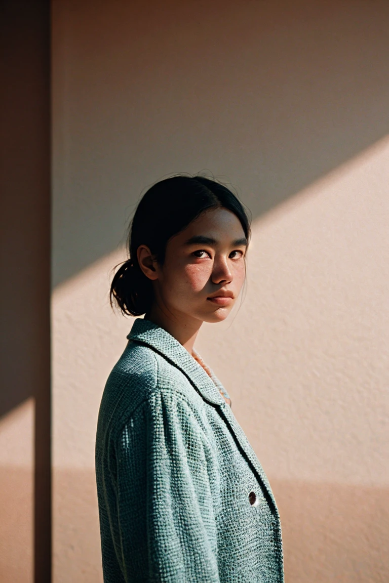 portrait, Shot with Leica, A game of shadows, great lighting, delicate pastel shades, on open air