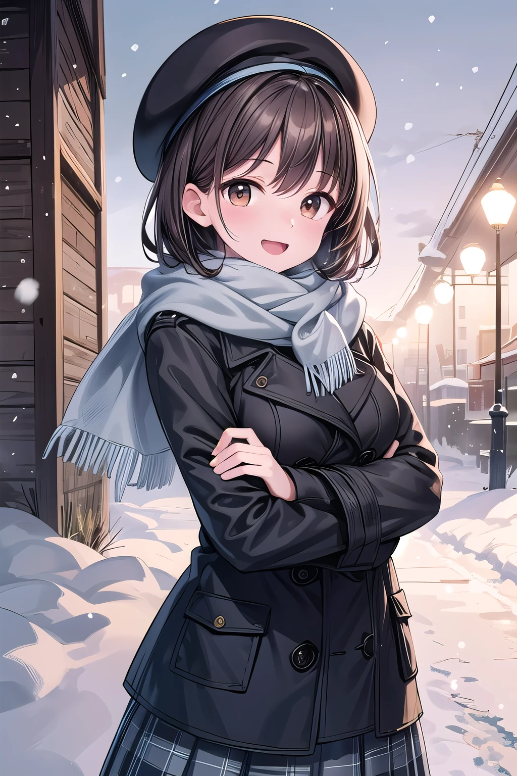 solo girl, 20 years old,medium hair, dark brown hair, brown eyes, medium breast, happy,pea coat,beret,fluffy scarf,maxi skirt ,outdoors, winter,snow, Best Quality, High resolution, Extremely detailed, Detailed background, Perfect Lighting
