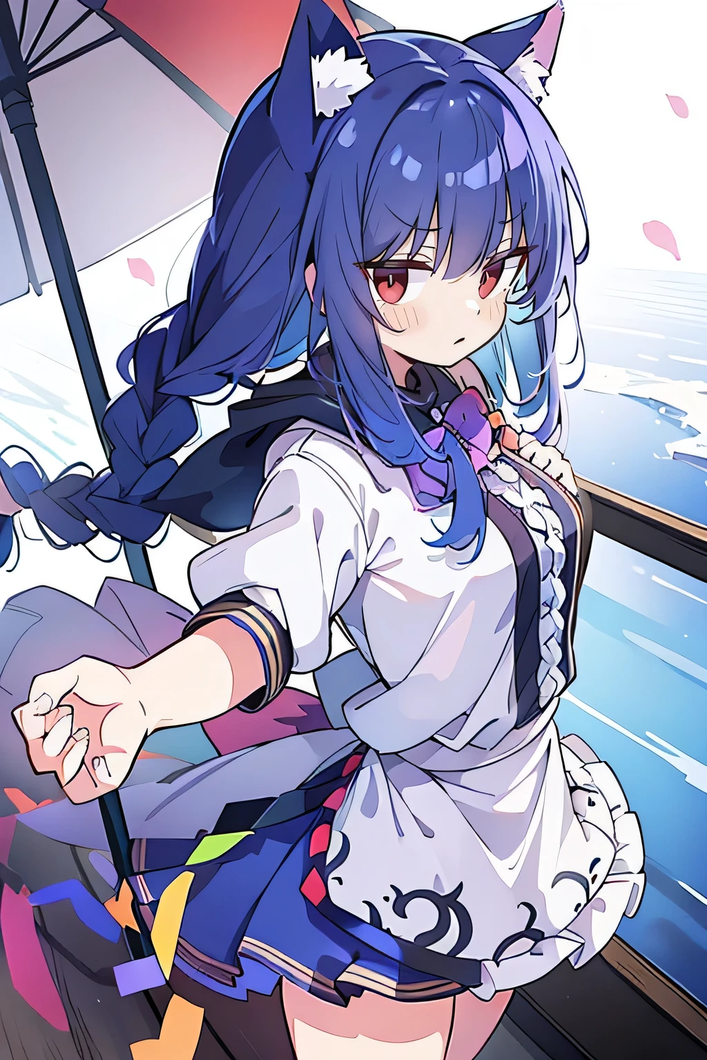 (masterpiece:1.2),Super detailed,lifelike,Expressive eyes,fair skin,perfect face shape,1 girl,
Japanese comics,Gorgeous blue hair,flowing blue hair,flowing clothes,Cat ears,Petals fall,beautiful lola,Baby Angel,
Shaking head with one hand,Cross your legs,Gentle and peaceful background,The pavilion is cool and comfortable,smile, wearing hoodie, background of tokyo,back views,snowing, winter,lie on the water.(Best Quality: 1.3), (Masterpiece: 1.3), (Illustration: 1.3), (Ultra Detailed: 1.3), (Imide Lens: 0.9), 1girl, Medium Breasts, Purple Eyes, ((Dark Blue Hair) ), hair accessories, young, clothing-gladiia, long hair, dark blue hair, indoors, black shorts, high socks, low ponytail, expressionless, upper body, close-up, coat, skirt,fgo style,like \(destiny\), like Adult, hair length, underwear, masterpiece, Top quality, 1 Girl, looking at the audience,(((braid)))、shameful face、Embarrassed face、Long body、huge 、