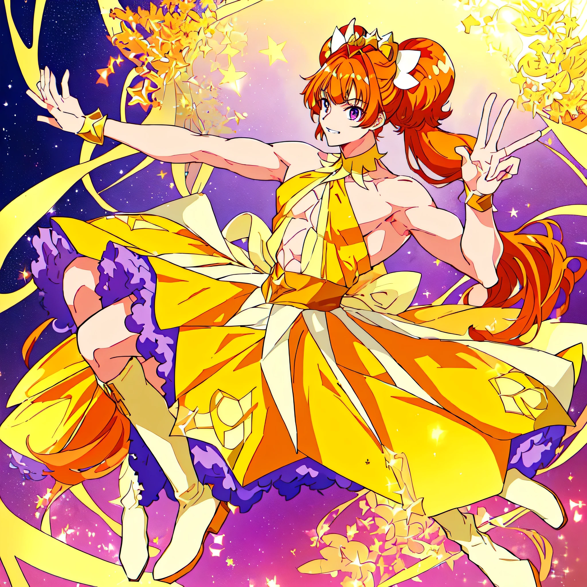 Wallpaper of cartoon male characters wearing dresses、solo、Orange-brown hair、Half twin tail hair、Purple Eyes、Long two-side updo with back hair、Official Art、sparkling magic boy、High quality artwork、Anime Prince、Cool Boy、Official Artwork、Dress Up Darling Anime、Orange and yellow costume、Muscular man、Official Anime Artwork、Male focus、Glowing Skin、Bare shoulders、JewelryBrooch、Bare Arms、Bare neck circumference、Bare chest、Strong pectoral muscles、Purple mini skirt with yellow frills、Shoulder Strapless Dress、Are standing、Pale orange thigh boots、Fan art、beautiful、looking at viewer、Cowboy Shot、(male body:1.3)、