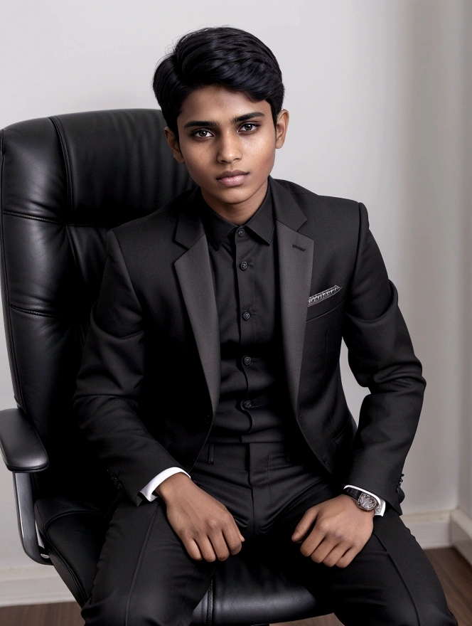 a  Indian bihari boy, honey skin, short black hair, wearing black suit & pant, sitting on black office chair, image fill, best quality, 1080P, HD, 16k, super detail