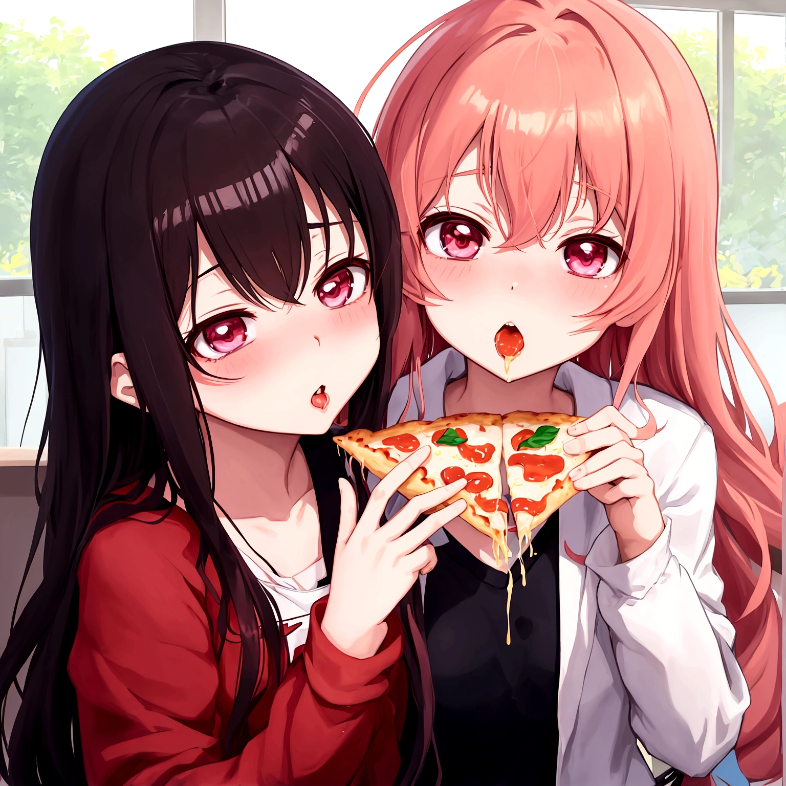 anime girl eating pizza with another girl in the background, ecchi anime style, sharing a pizza, yuruyuri, zerochan, gapmoe yandere, in anime style, red - cheeks!!, shoujo manga, close up iwakura lain, by Jin Homura, kissing together cutely, yandere, ecchi style, kinmoza!