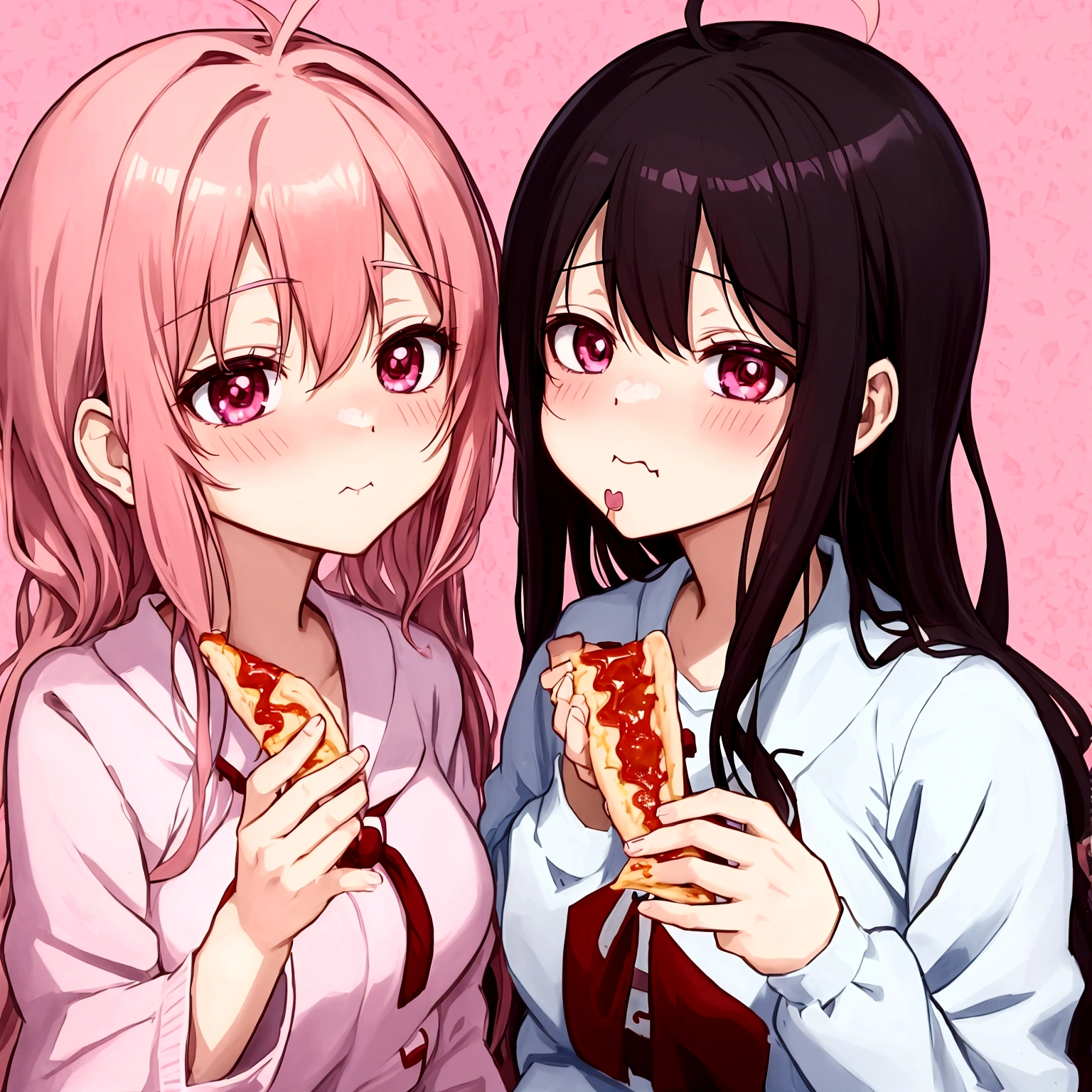 anime girl eating pizza with another girl in the background, ecchi anime style, sharing a pizza, yuruyuri, zerochan, gapmoe yandere, in anime style, red - cheeks!!, shoujo manga, close up iwakura lain, by Jin Homura, kissing together cutely, yandere, ecchi style, kinmoza!