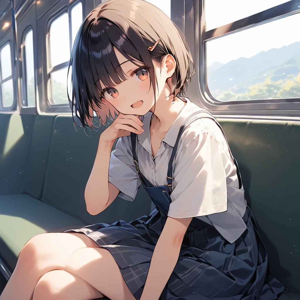 score_9, score_8_up, score_7_up, source_anime, best quality, masterpiece,ultra-detailed,official art, absurdres, highres, waifu2x, break,1girl, school girl, short hair, beautiful detailed eyes, sit, open mouth, (yawn:0.3), sleepily,night, train, break,(clear line illustration:1.2),very high resolution, very aesthetic, super detailed skin, Best sexual lighting powered by famous artist, 8k,ero picture,beauty illustration,photoshop_(medium),,(Detailed Lighting),