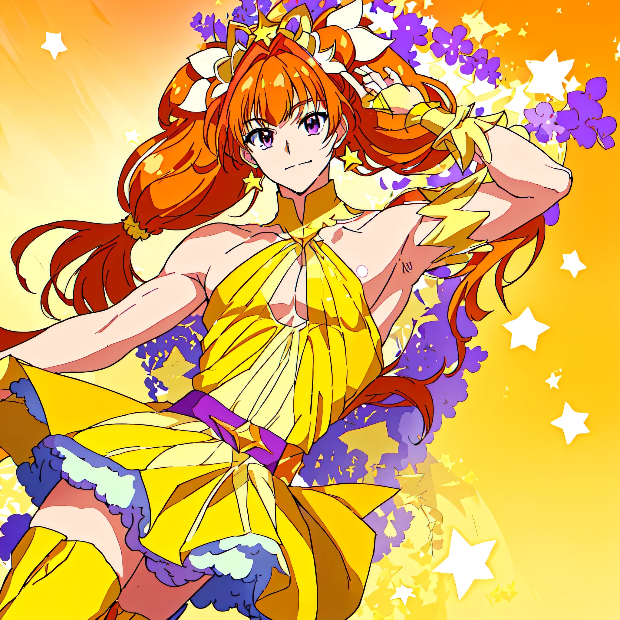 masterpiece、Highest quality、Cartoon male character in dress closeup、solo、Orange-brown hair、Half-pigtail hair with bangs、Purple Eyes、Long two-side updo with back hair、High quality artwork、Sparkling Magical Boy、Official Art、Cool Boy、Anime Prince、Official Artワーク、Dress Up Darling Anime、Orange and yellow costume、muscular man、Official Anime Artwork、1024x1024、Glowing Skin、Bare shoulders、JewelryBrooch、Bare Arms、Bare neck circumference、Bare chest、Strong pectoral muscles、Purple mini skirt with yellow frills、Shoulder Strapless Dress、Magic Boy、Pale orange thigh-high boots、fan art、beautiful、looking at viewer、Cowboy Shot、(male body:1.3)、