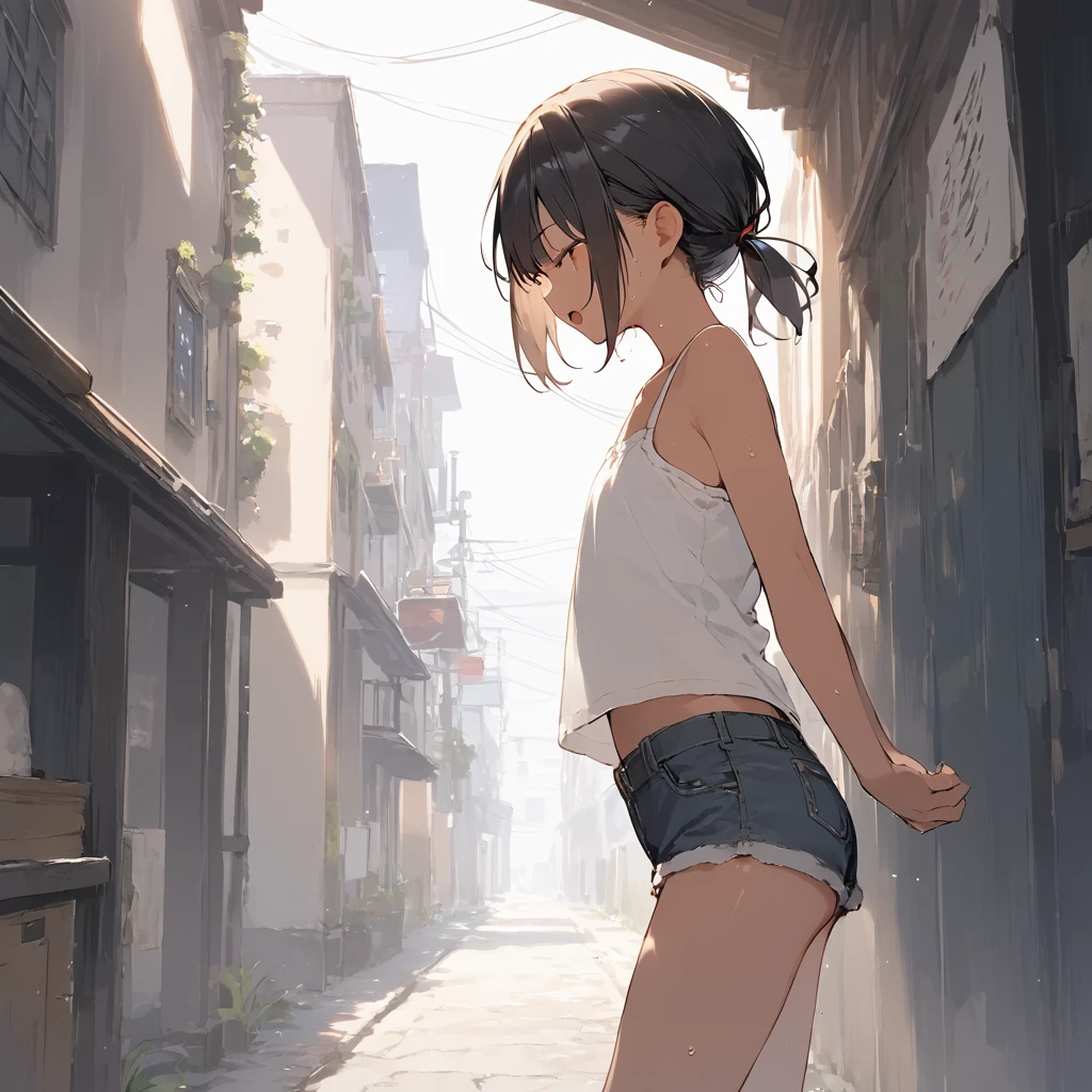 score_9, score_8_up, score_7_up, source_anime, best quality, masterpiece, official art, absurdres, highres, ultra-detailed,waifu2x,Collection: Slice of Life,break,1girl, tomboy, dark-skinned female, short hair, low ponytail, flat chest, beautiful detailed eyes, short shorts, sweat, open mouth, (yawn:0.3), sleepily, outdoors, wind, break,(clear line illustration:1.2),very high resolution, very aesthetic, super detailed skin, Best sexual lighting powered by famous artist, 8k,cute picture,beauty illustration,photoshop_(medium),,(Detailed Lighting),best anime 8k konachan wallpaper, pixiv contest winner,