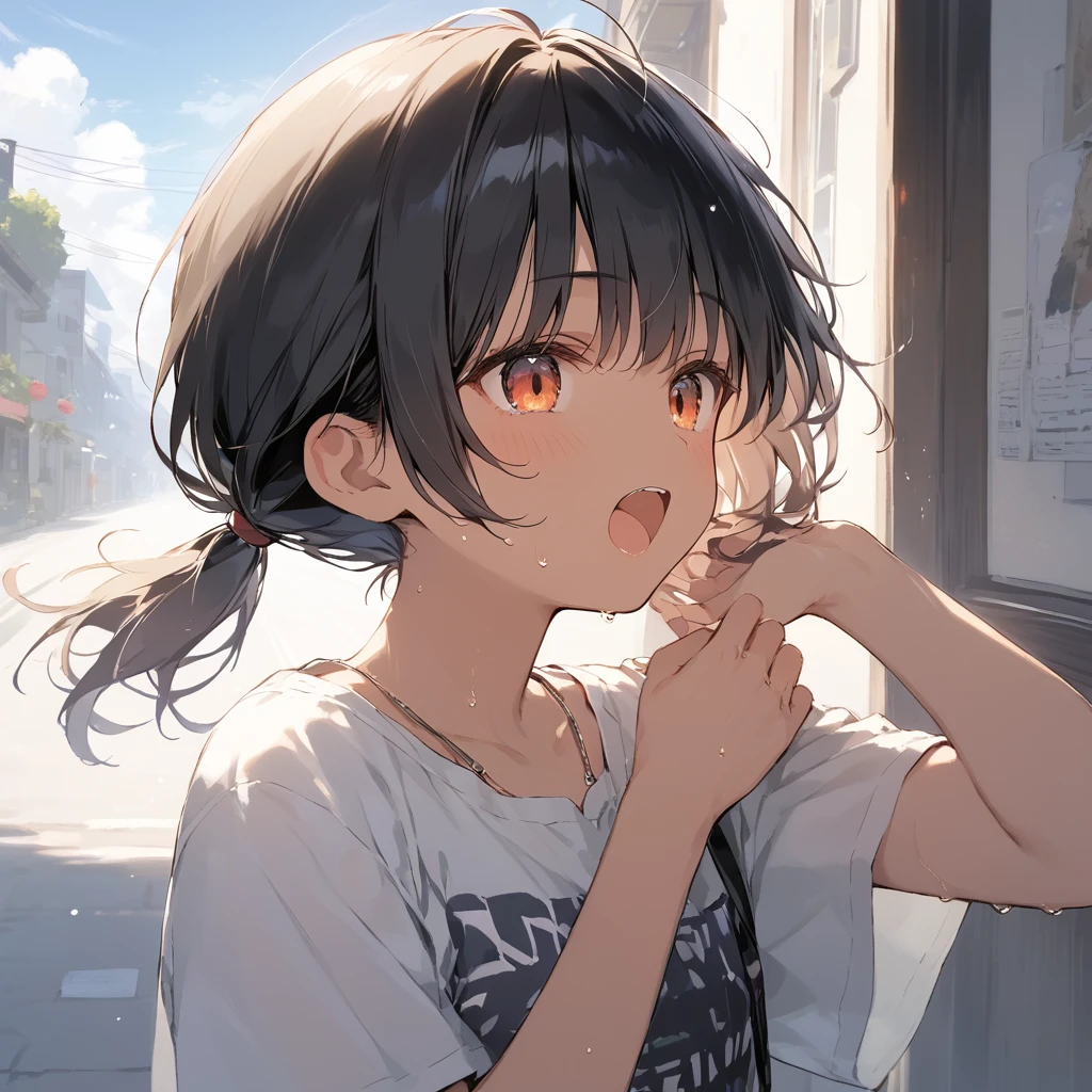 score_9, score_8_up, score_7_up, source_anime, best quality, masterpiece, official art, absurdres, highres, ultra-detailed,waifu2x,Collection: Slice of Life,break,1girl, tomboy, dark-skinned female, short hair, low ponytail, flat chest, beautiful detailed eyes, short shorts, sweat, open mouth, (yawn:0.3), sleepily, outdoors, wind, break,(clear line illustration:1.2),very high resolution, very aesthetic, super detailed skin, Best sexual lighting powered by famous artist, 8k,cute picture,beauty illustration,photoshop_(medium),,(Detailed Lighting),best anime 8k konachan wallpaper, pixiv contest winner,