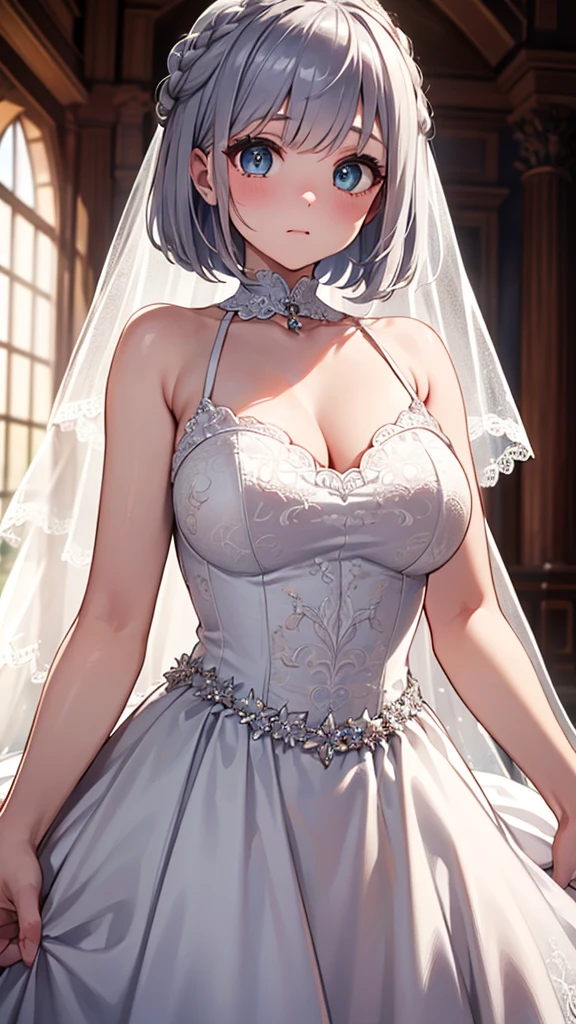 Ultra-high resolution,masterpiece, Attention to detail, Highest quality, 4K,(Silver braided short bob),(well endowed,Captivating body、Ultra-detailed skin、Beautiful eyes、Detailed Background),1girl、(Wedding dress、Embarrassed)