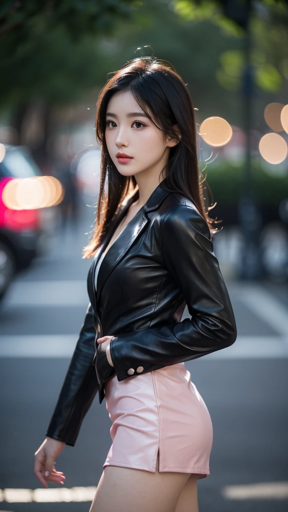 Front view of girl, solo, pretty face, long black hairstyle ,eyelashes, nose, glossy lips,wearing Tight suit、Wearing a blazer(Leather pink color)、Tight short Skirt(Leather pink color)、Realistic silk texture,Slim fit , in the city, nature light, bokeh background,