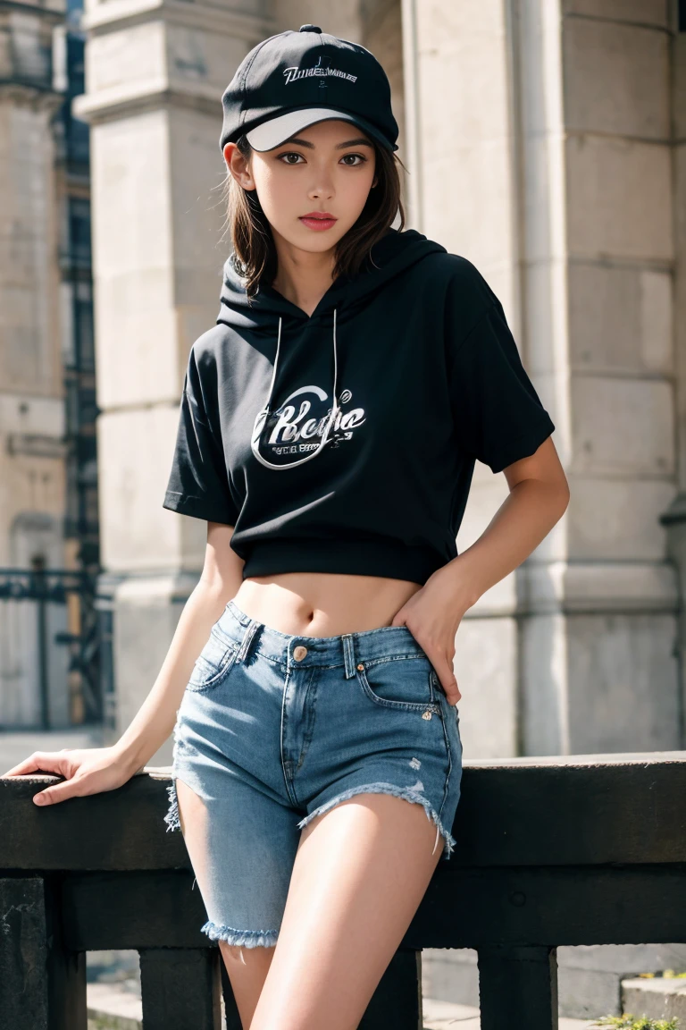 (best quality,realistic,ultra-detailed),a sexy and slim 18-year-old French brunette woman in black short sleeve hoodie, visible leg,sur un banc,short en jean,casquette