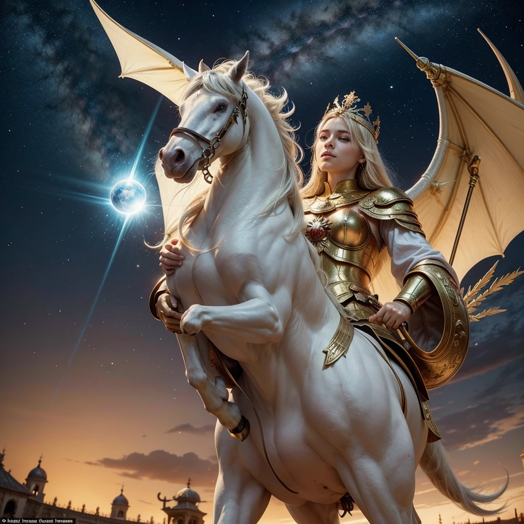 - **To the left**:
  - **Saint George**: Ride your white horse, raising his spear after defeating a dragon, symbolizing courage and victory.
  - **Ogun**: Posicionado ao lado de Saint George, with a firm and determined posture, ready to protect and defend.

- **on the right**:
  - **St. Michael the Archangel**: With its imposing wings open, holding a flaming sword while stepping over a defeated dragon, representando justiça e divine protection.
  - **Santa Maria da Conceição**: In a serene pose, enveloped in an aura of peace and love, with a crown of stars and holding the baby Jesus, symbolizing purity and motherhood.

- **General Context**:
  - **celestial vibe**: The scene is illuminated by a divine light coming from the sky, highlighting all the characters in an atmosphere of sacredness and spiritual protection.
  - **Balance and Interaction**: The disposition of the characters reflects a symbolic harmony between strength and serenity, protection and peace, all united under the divine light that emanates from above.

This central composition creates a powerful image, where each element represents an important aspect such as courage, divine protection, serenity and purity, all unified in a common purpose of spiritual well-being and security.