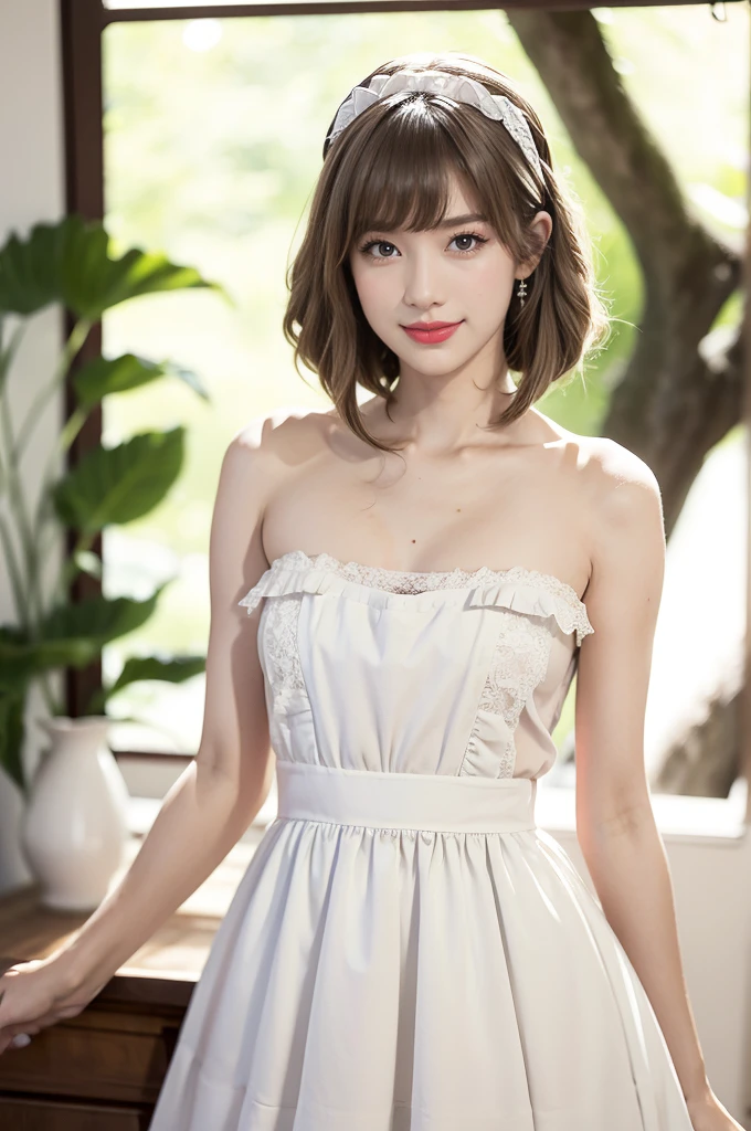 (((best quality))),(((ultra detailed))),(((masterpiece))),illustration,1girl,maid cafe,stunningly beautiful,slim,medium straight bob hair,flat chest,navel,deep captivating eyes,strapless maid costume,strapless see through lace apron,short hemline,bare arms,arms behind back,thighs,slender legs,pantyhose,graceful movements,confident charm,warm genuine smile,France cafe,delicious coffee pastries,warm inviting atmosphere,joyful eyes,Coffee Machine,upper body