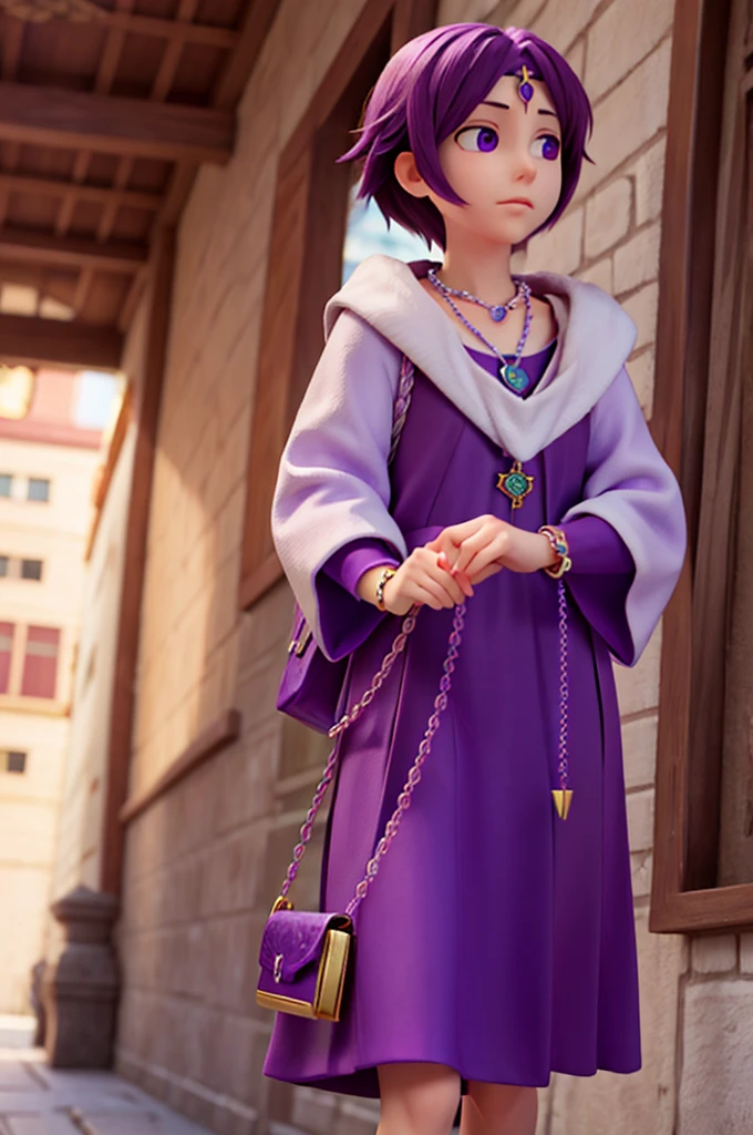 a hand holding the purple amulet, a necklace pendant violet