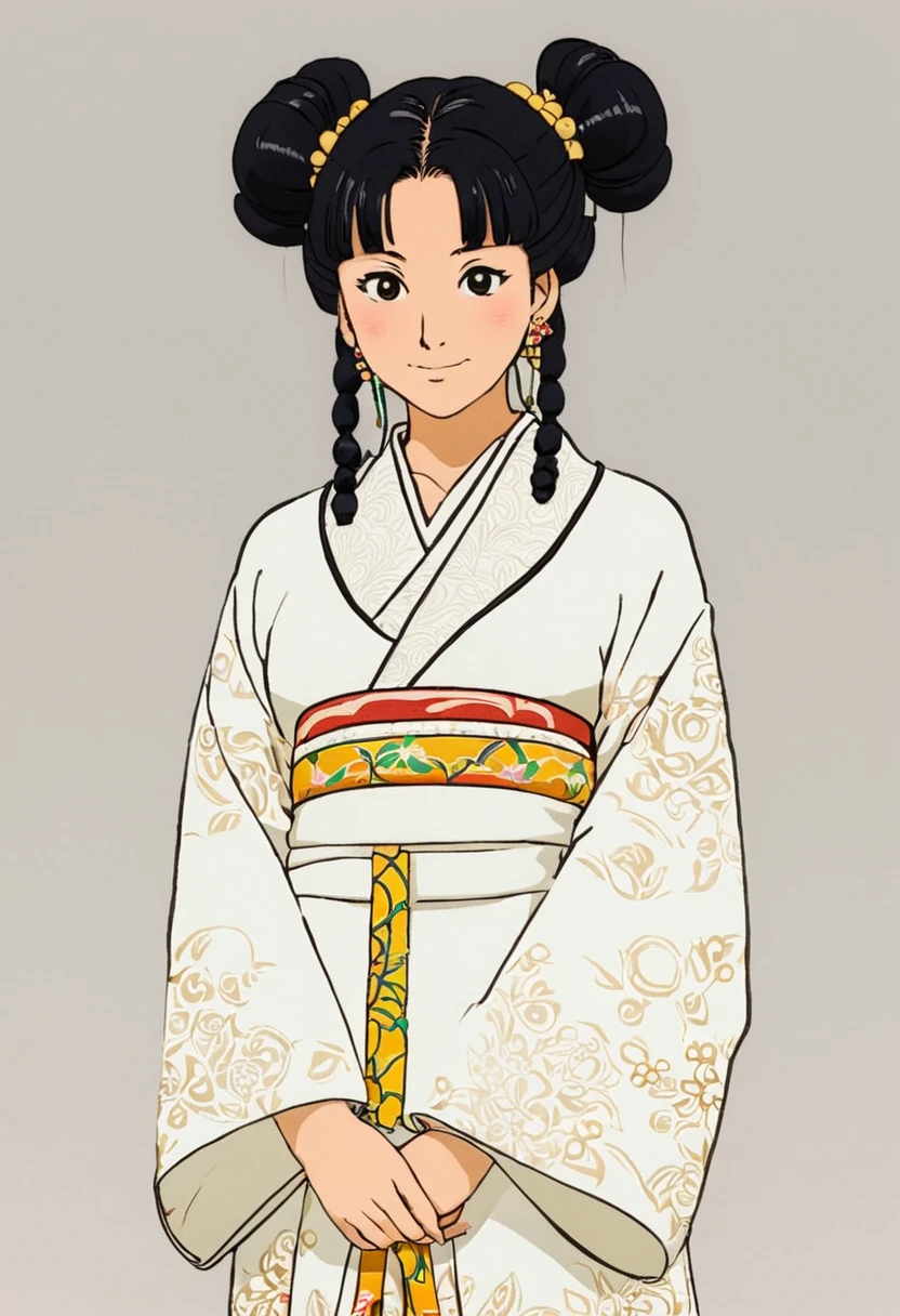 A Ghibli's studio character (2D). She have her black hair tied in a long pigtails. She wears traditional oiran clothes and many chain necklace