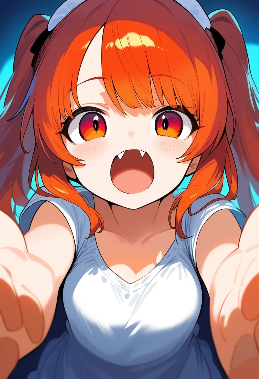 1girl, ultra high res ,open mouth, pov close up to her face, Detailed face, fang, arms reaching to viewer, 
