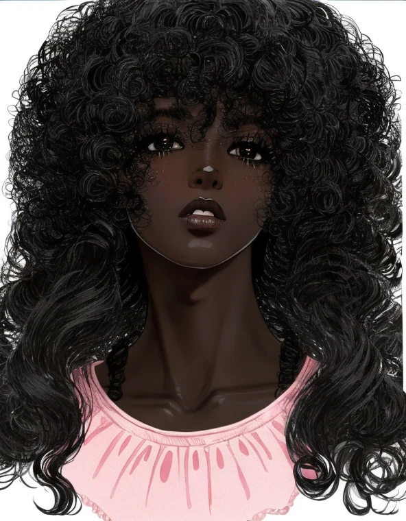 ((Black hair)),  ((Black eyes)),  1girl,  ((Curly hair)),  ((long hair)),  ((big hair)),  Pink lips,  ((Full lips)),  Freckles on face,  Looking at the viewer,  pretense,  blushing,  noble,  Long eyelashes,  ((dense hair)),  Middle part,  ((Dark skin)),  ((very Dark skin)),  ((Ebony skin)),  ((very Ebony skin)),  ((Retro manga)),  ((80&#39;s manga style)),  Dark skin,  ((fat)),  ((fat)),  ((overweight)),  winding,  historical,  fat,  ((big belly)),  فتاة الfat. Freckles,  Medieval dress,  fat girl,  ((noble dress)), Dark skin, Ebony,  Wide hips, Victorian dress,  ((painting)),  Milkmaid ruffled dress with bell sleeves,  ((Hair edges))