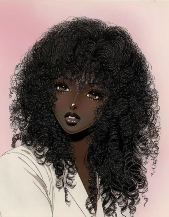 ((Black hair)),  ((Black eyes)),  1girl,  ((Curly hair)),  ((long hair)),  ((big hair)),  Pink lips,  ((Full lips)),  Freckles on face,  Looking at the viewer,  pretense,  blushing,  noble,  Long eyelashes,  ((dense hair)),  Middle part,  ((Dark skin)),  ((very Dark skin)),  ((Ebony skin)),  ((very Ebony skin)),  ((Retro manga)),  ((80&#39;s manga style)),  Dark skin,  ((fat)),  ((fat)),  ((overweight)),  winding,  historical,  fat,  ((big belly)),  فتاة الfat. Freckles,  Medieval dress,  fat girl,  ((noble dress)), Dark skin, Ebony,  Wide hips, Victorian dress,  ((painting)),  Milkmaid ruffled dress with bell sleeves,  ((Hair edges))