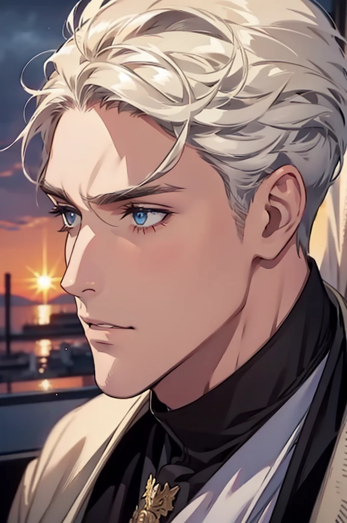 ((masterpiece:1.2, Best quality)), 4k, adult, European face, 1 person, male, , masculine, Beautiful, tall, dark casual wear, White skin, white hair, blue eyes s, portrait, sunset, man, adult man
